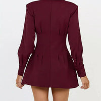 Wine red blazer dress back with structured shoulders, button details and flared hem