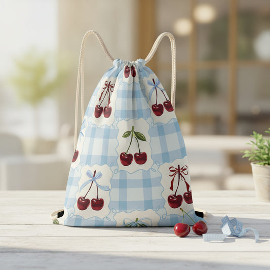 Mini backpack, Drawstring Purse, Personalized Bag, Fun Blue Cherry Gingham Travel, Personalised Gift