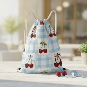 Mini backpack, Drawstring Purse, Personalized Bag, Fun Blue Cherry Gingham Travel, Personalised Gift