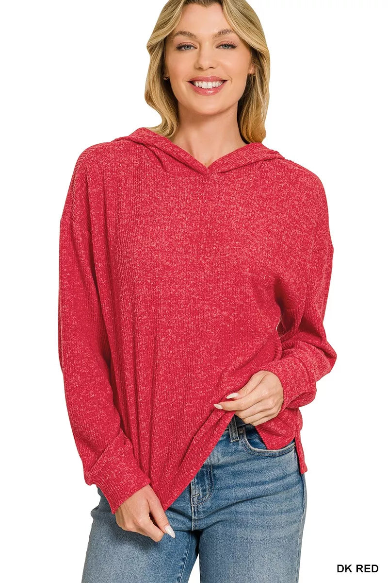 Red heather hoodie pullover with front kangaroo pocket and long sleeves