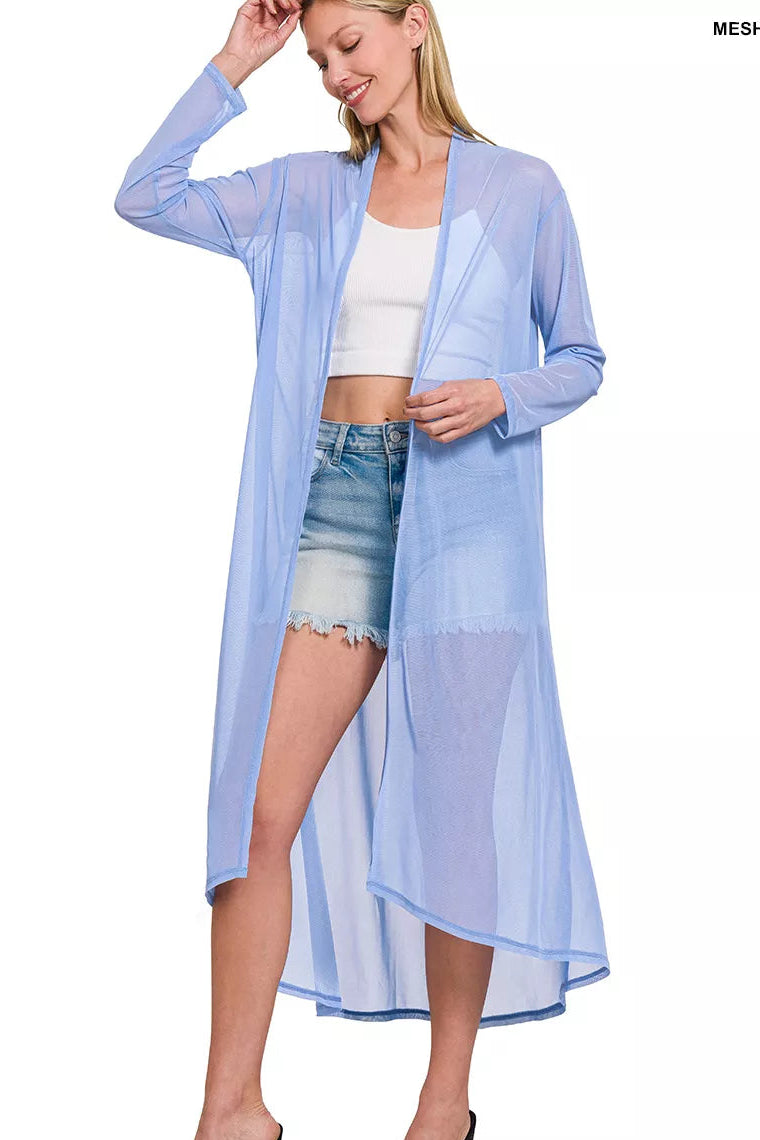 Light blue mesh open-front cardigan with long sleeves, worn over a tank
