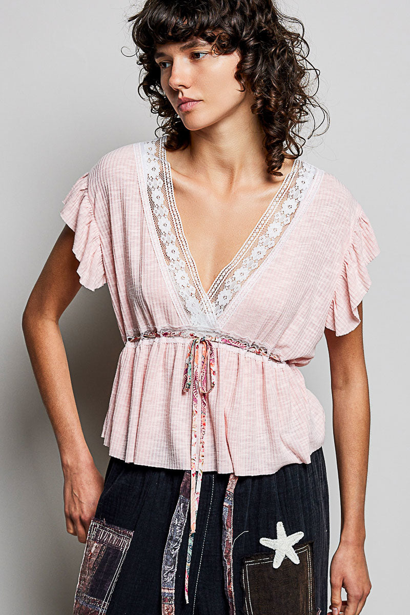 Blush striped V-neck lace blouse with peplum waist tie and flutter ruffle sleeves