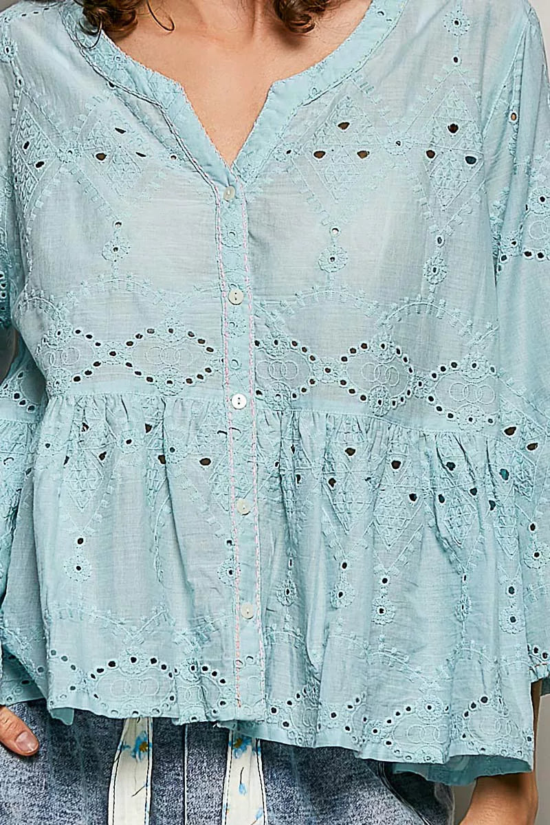 Aqua cotton eyelet-embroidered peplum button-front shirt, V-neck, long sleeves