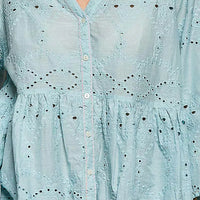 Aqua cotton eyelet-embroidered peplum button-front shirt, V-neck, long sleeves