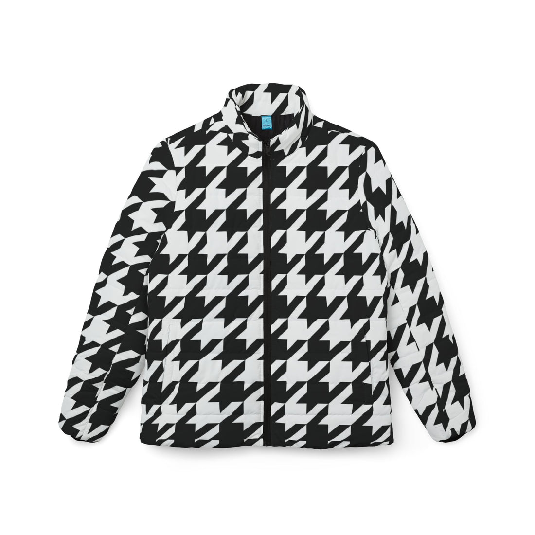 Ladies Black Puffer Coat | Classic Black and White Houndstooth Jacket