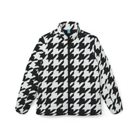 Ladies Black Puffer Coat | Classic Black and White Houndstooth Jacket