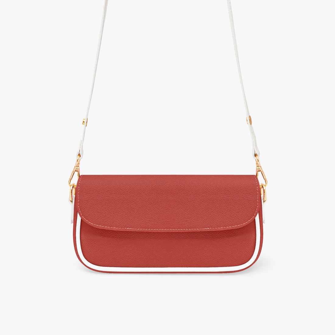 Red leather crossbody bag with front flap and white strap with gold chain