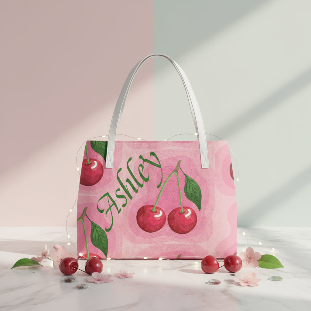 Leather Tote Bag, Mini Personalized PU Shoulder Handag, Custom with Strap and Pink Cherry