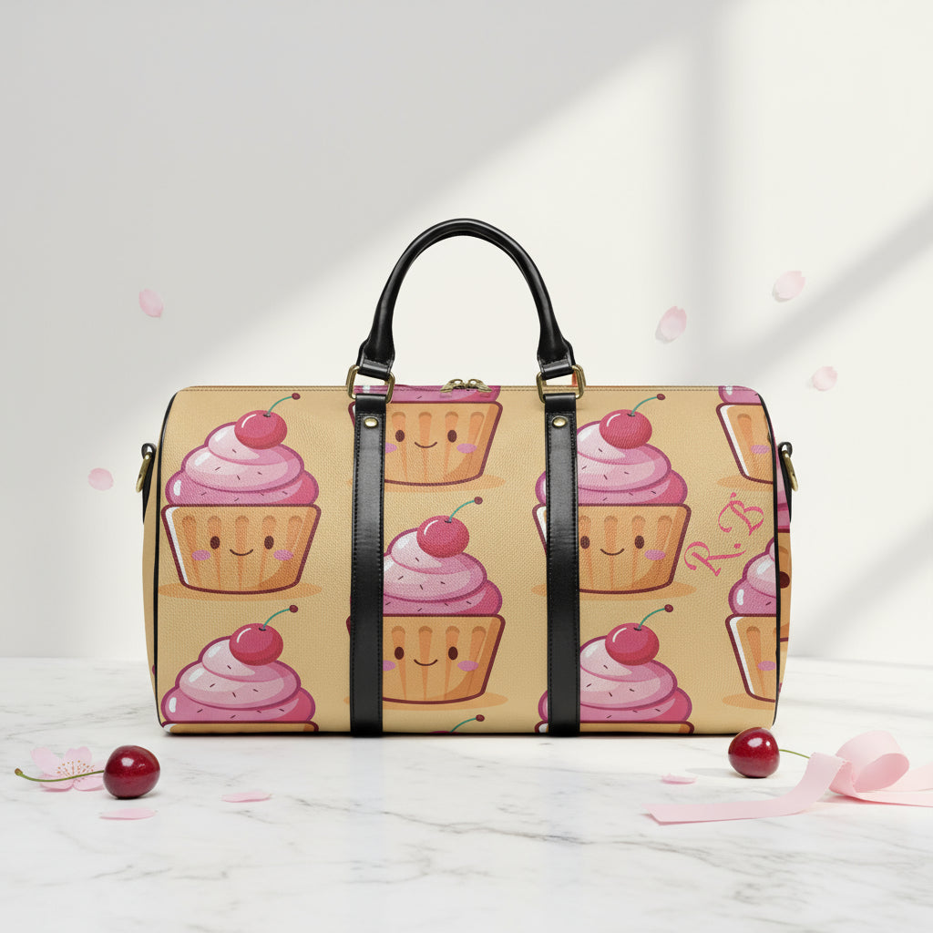 Personalized Duffle Bag, Cherry Cupcake Travel Print Bag, PU Weekender, Carry-On Size, Custom Overnight