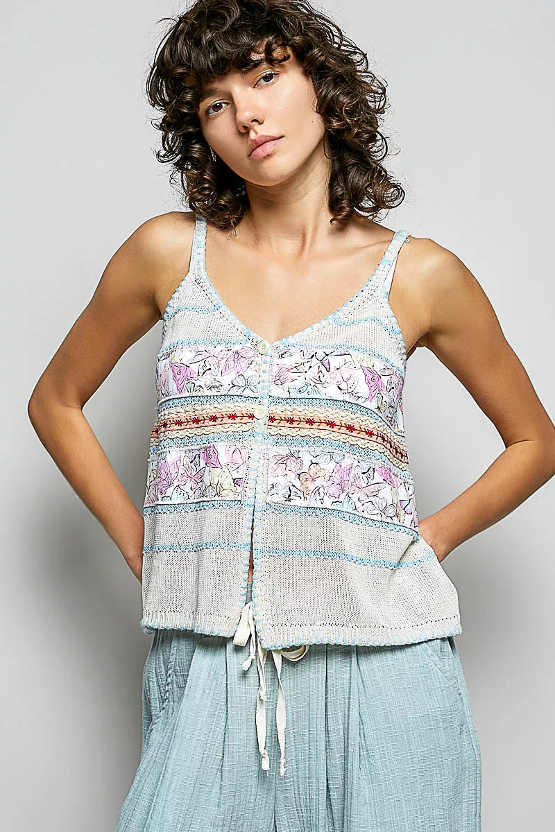 Cream and blue printed button-front cami with scalloped trim and blanket-stitch edges