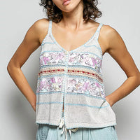Cream and blue printed button-front cami with scalloped trim and blanket-stitch edges