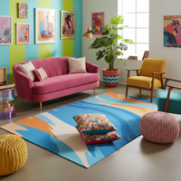 Abstract geometric rug with blue background and orange accents, large corner visible.