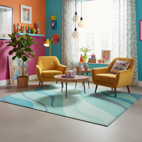 Rectangular light blue and sage green rug featuring sweeping wave lines across