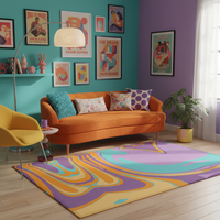 Abstract geometric rug with lavender, teal, and orange swirl motifs