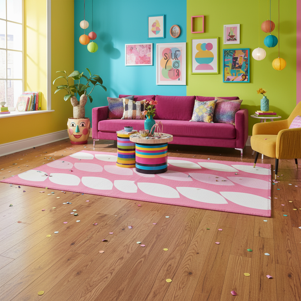 Pink and white geometric area rug with bold blob-like repeating pattern