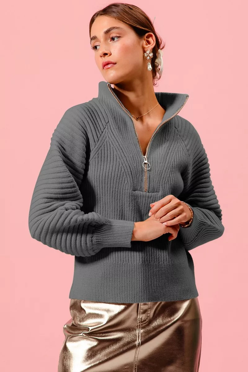 Charcoal half-zip ribbed knit sweater with raglan balloon sleeves