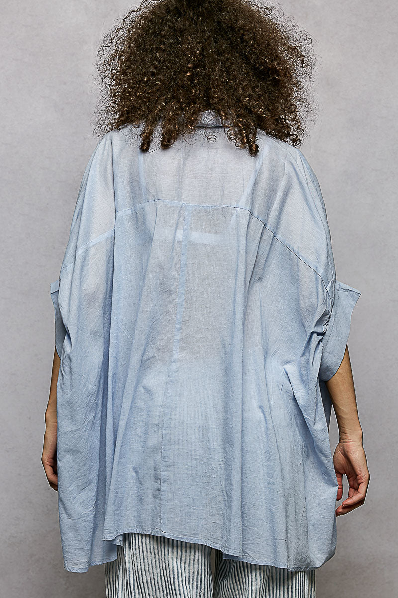 Sky blue button-down embroidered shirt back with high-low hem
