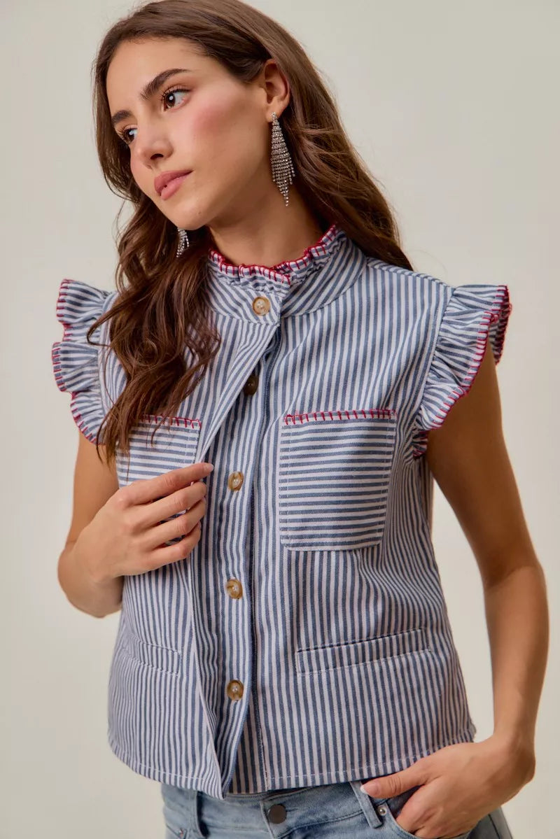 Ruffled sleeveless vest top with blue-and-white stripes, red-trim placket, chest pockets, buttons