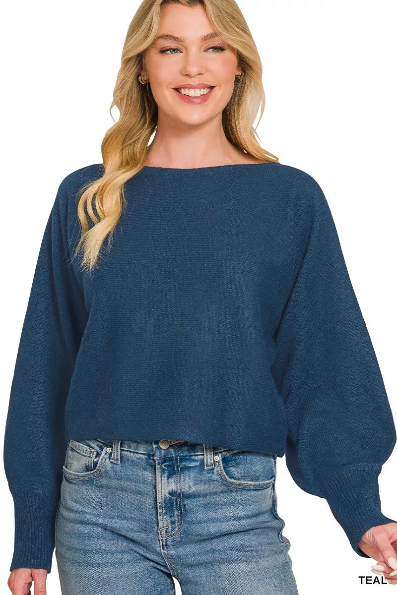 Teal boat-neck balloon sleeve sweater, wide cuffs and dropped shoulder