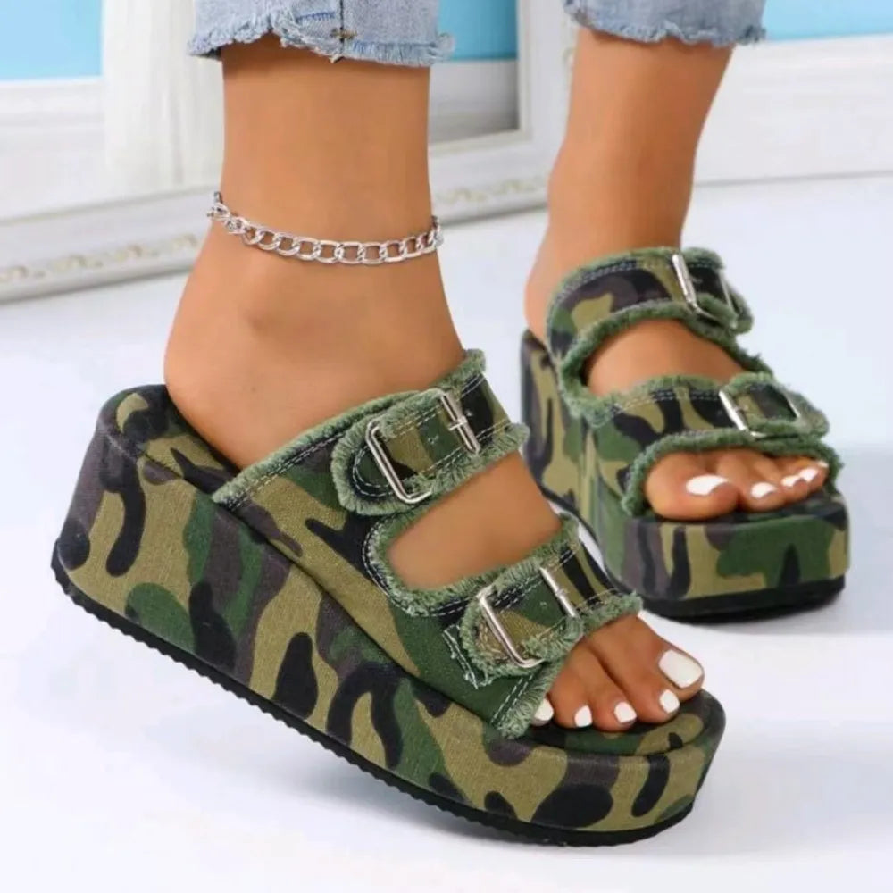 Green camo platform wedge sandals with two metal buckle straps and open toe