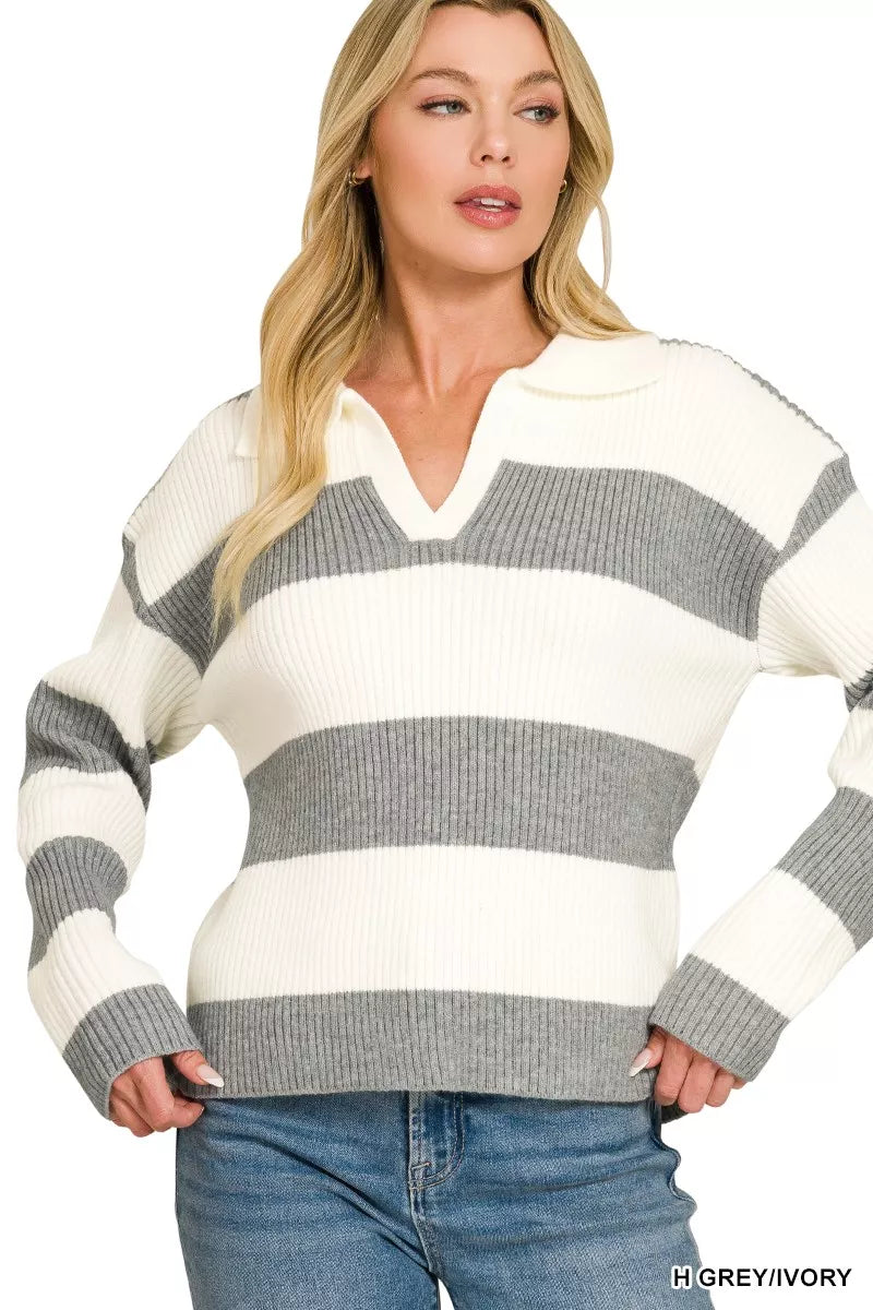 Striped collared sweater with grey and ivory bands, long sleeves, V-neck placket