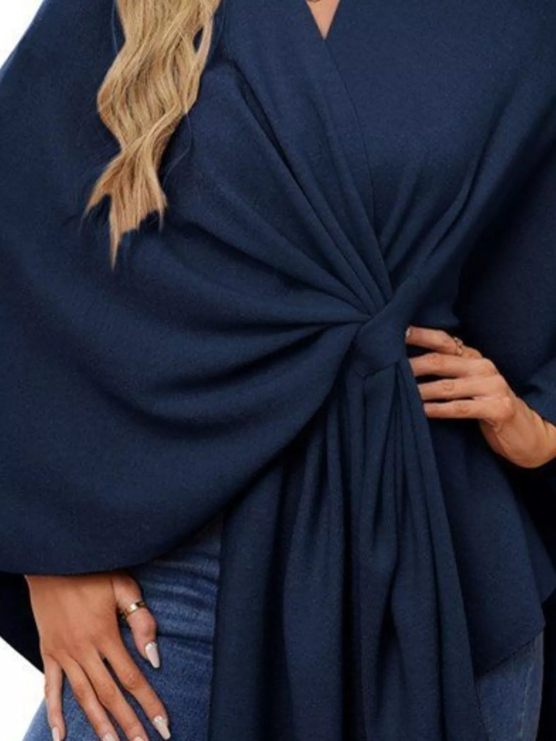 Navy cape shawl front tie knot detail with draped folds