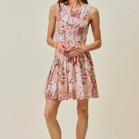 Shell print smocked sleeveless mini dress with fit-and-flare skirt, lined