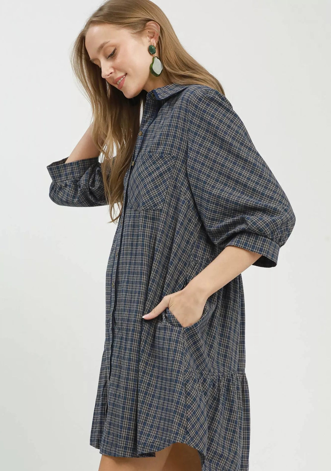 Navy plaid oversized shirt dress with short sleeves and front button closure