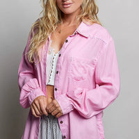 Candy pink washed textured cotton western button-front shirt with pointed collar