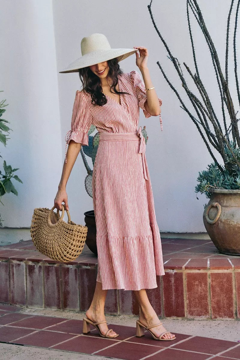 Red striped wrap midi dress with puff sleeves and sash tie; tiered midi length