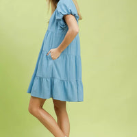 Peri blue puff-sleeve tiered babydoll dress with V-neck and above-knee hem