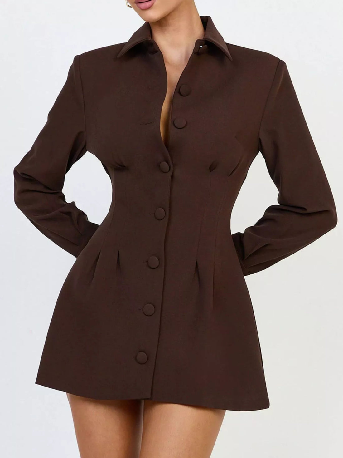 Brown blazer-style mini dress with notched collar, button front, and fitted waist darts.