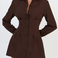 Brown blazer-style mini dress with notched collar, button front, and fitted waist darts.