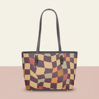 Checkered Tote Bag | Large Retro Wavy Warped Twill Faux Leather Purse