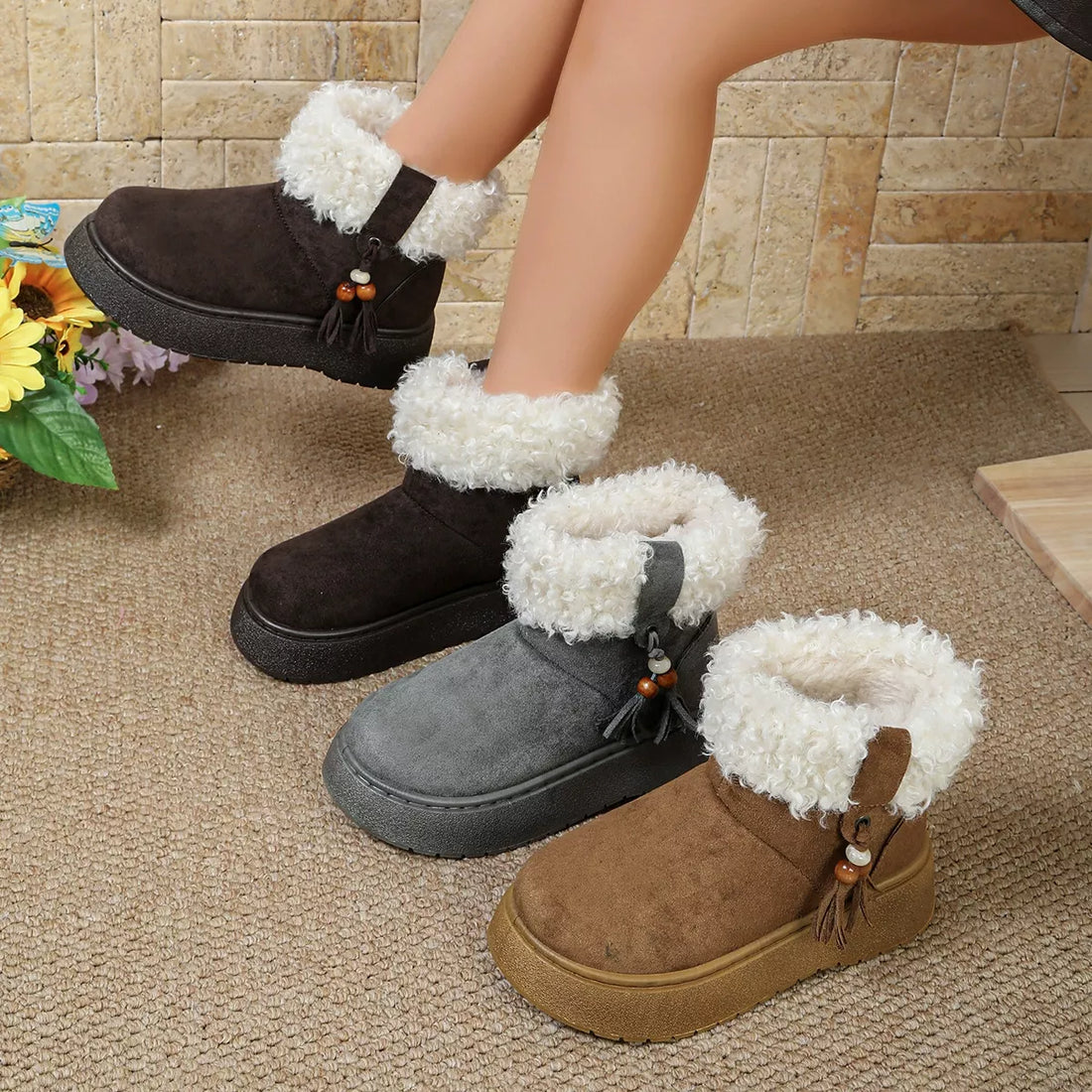 Faux fur lined ankle boots, round toe, dark brown suede with white fuzzy cuffs and tassel charm