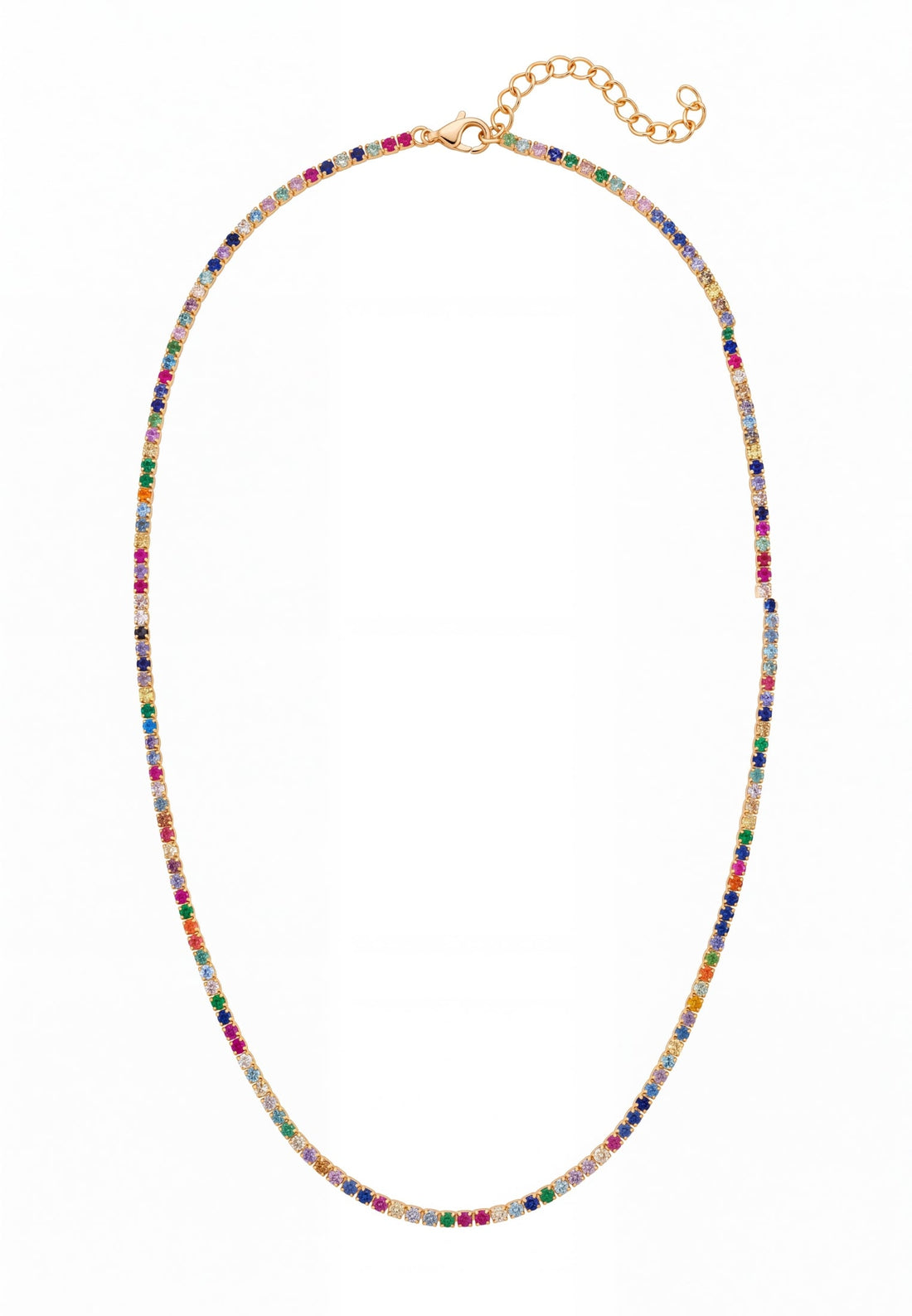 Rainbow CZ tennis necklace with gold chain and multicolor stone tennis design