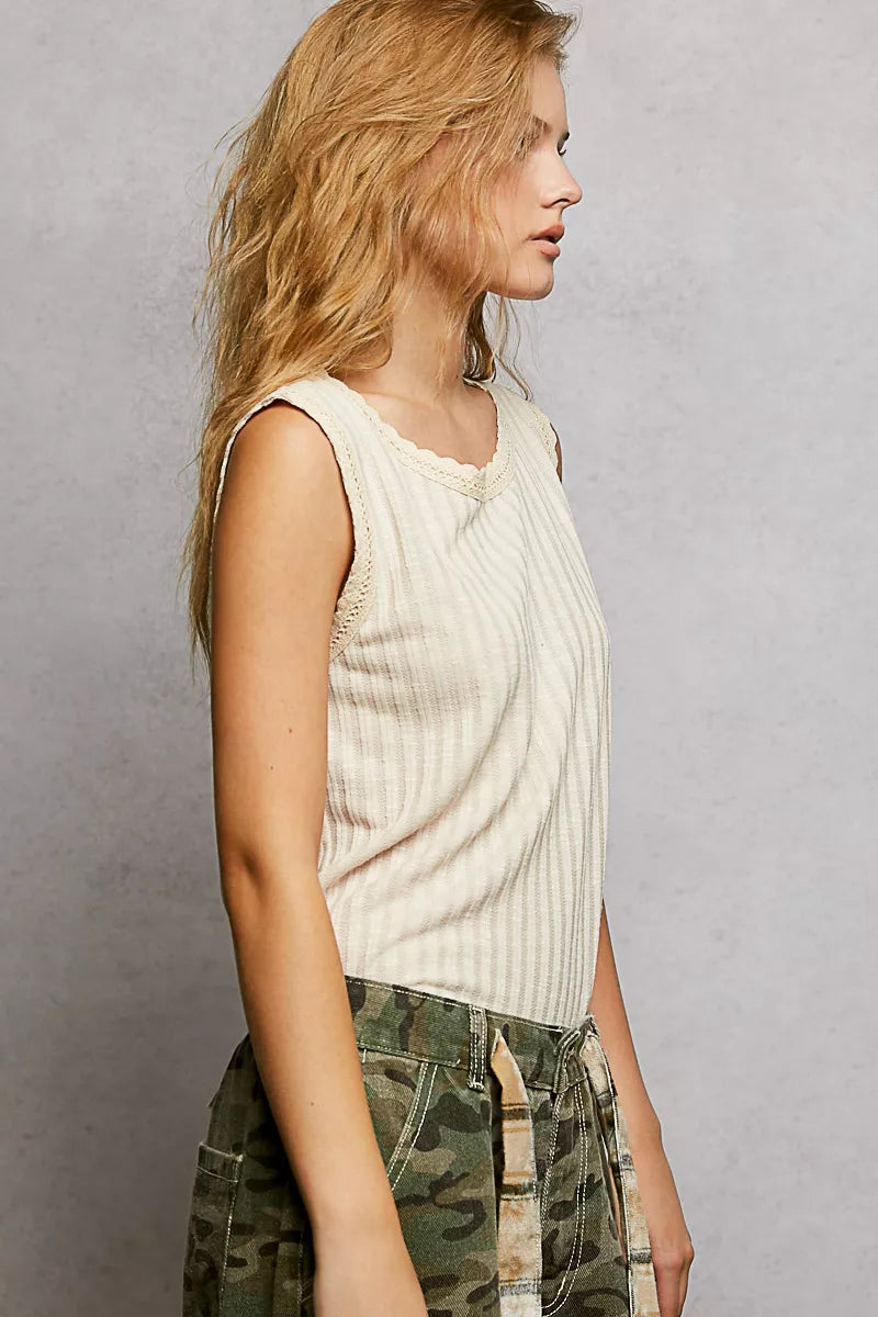 Beige ribbed sleeveless tank, scalloped lace round neckline (side view)