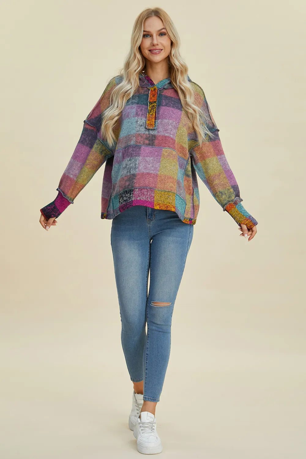 Multicolor plaid fleece hoodie with hood and dropped shoulders, front button placket