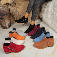 Point-toe block heeled ankle boots assortment in black, orange, red, navy, tan, and gray