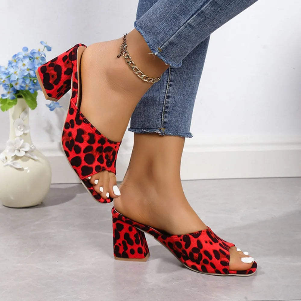Red leopard print suede block-heel open-toe sandals with thick heel and chain strap