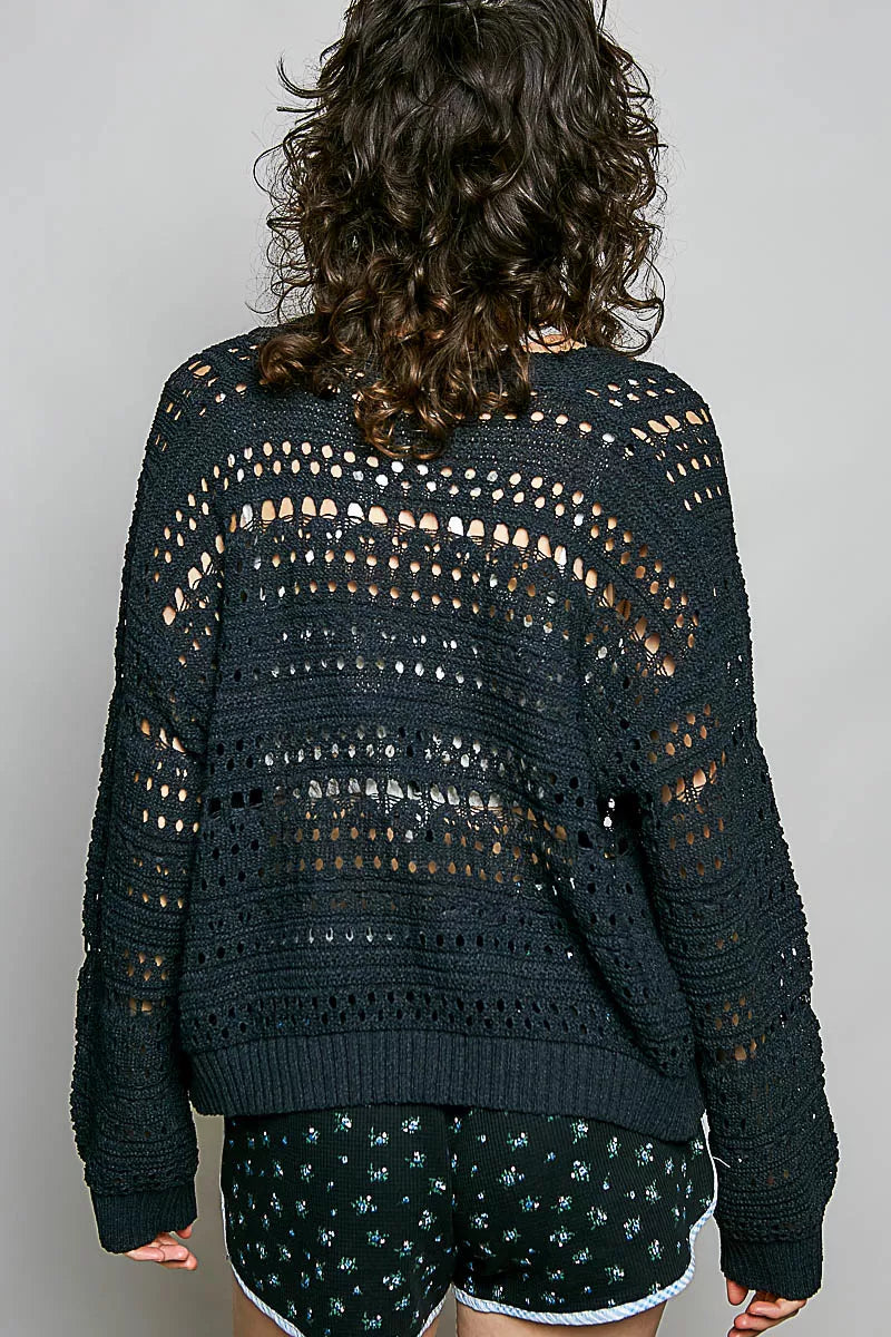 Black open-knit button cardigan with long sleeves and patterned crochet holes