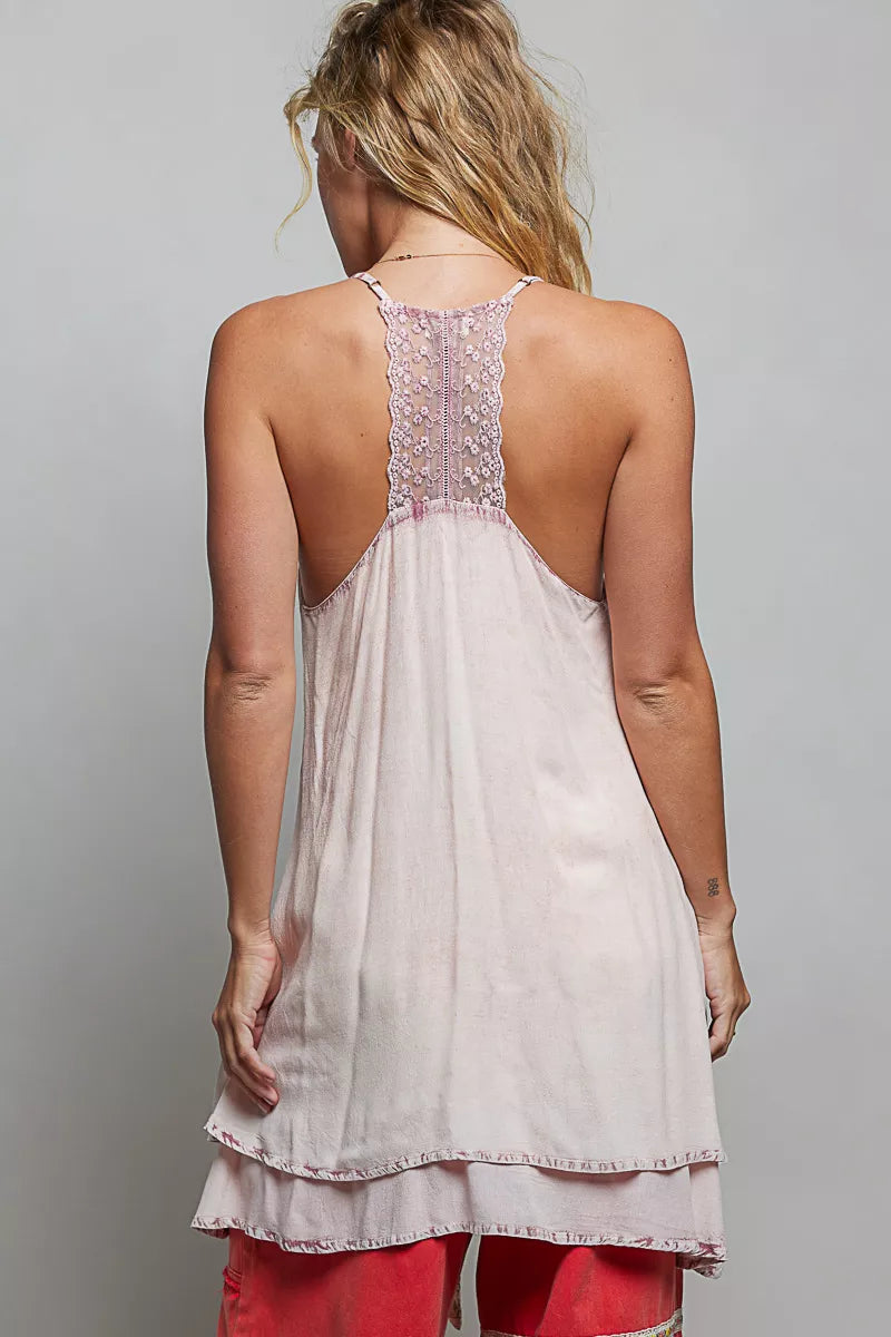 Back view of rose-pink embroidered sleeveless cotton mini dress with lace trim