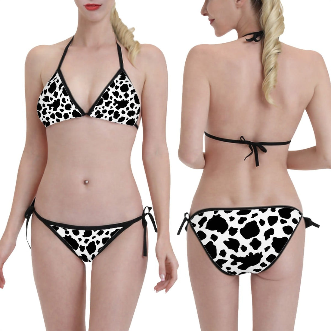 Triangle Bikini Set Black and White Cow Print Adjustable String Swimwear