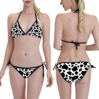 Triangle Bikini Set Black and White Cow Print Adjustable String Swimwear