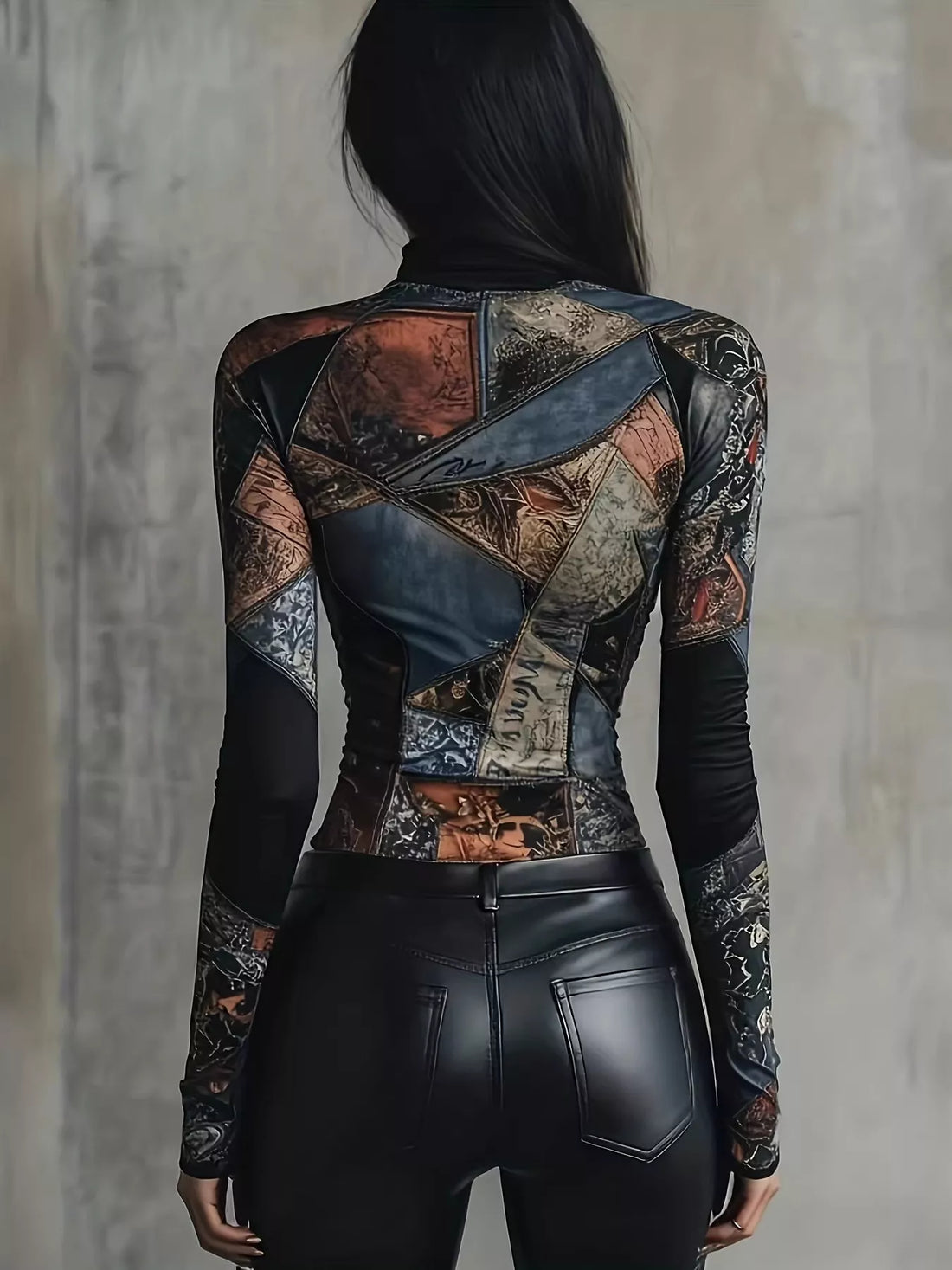 Back view patchwork printed mock neck long-sleeve T-shirt with graphic panel seams