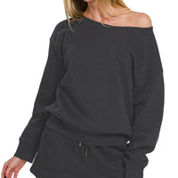 Black fleece boat-neck sweatshirt and drawstring shorts set, off-shoulder neckline