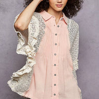 Women’s baby pink button-down pleated shirt with lace crochet patch sleeves