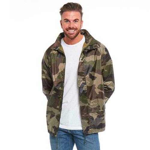 Green camouflage waterproof jacket with a raised collar and front pockets