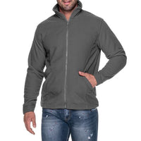 Charcoal men's microfleece jacket worn zipped, with a high collar and angled front pockets