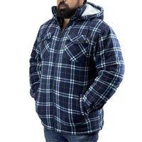 Men's navy plaid sherpa shirt jacket shown at an angle, with hood and front pockets